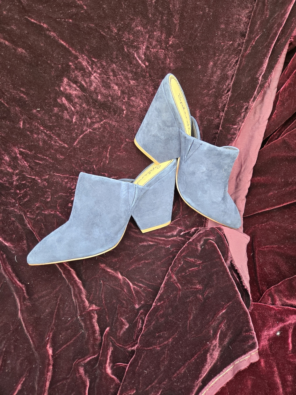Splendid Blue Suede Mule Heels Size 7 Pointed Toe Slip-On Block Heel